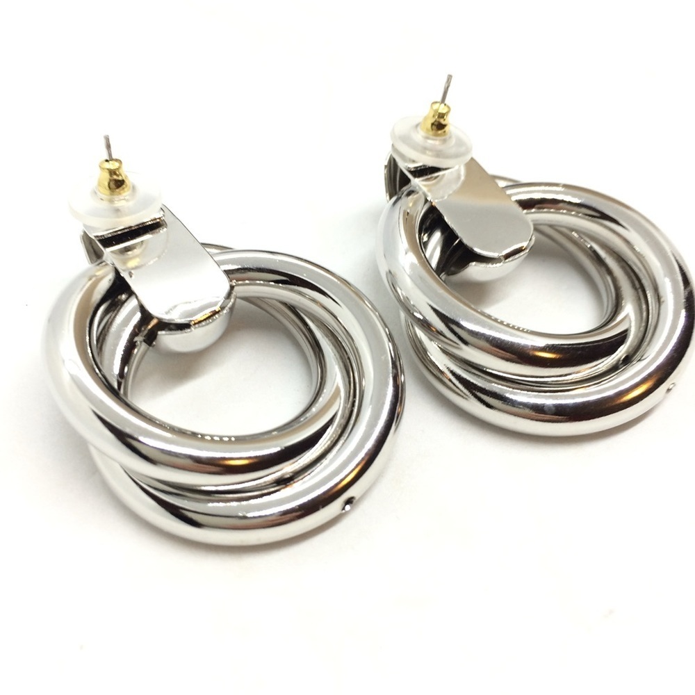 VINTAGE 80S 90S LARGE HOOP EARRINGS DOUBLE CIRCLES SILVER TONE STATEMENT - Picture 12 of 13